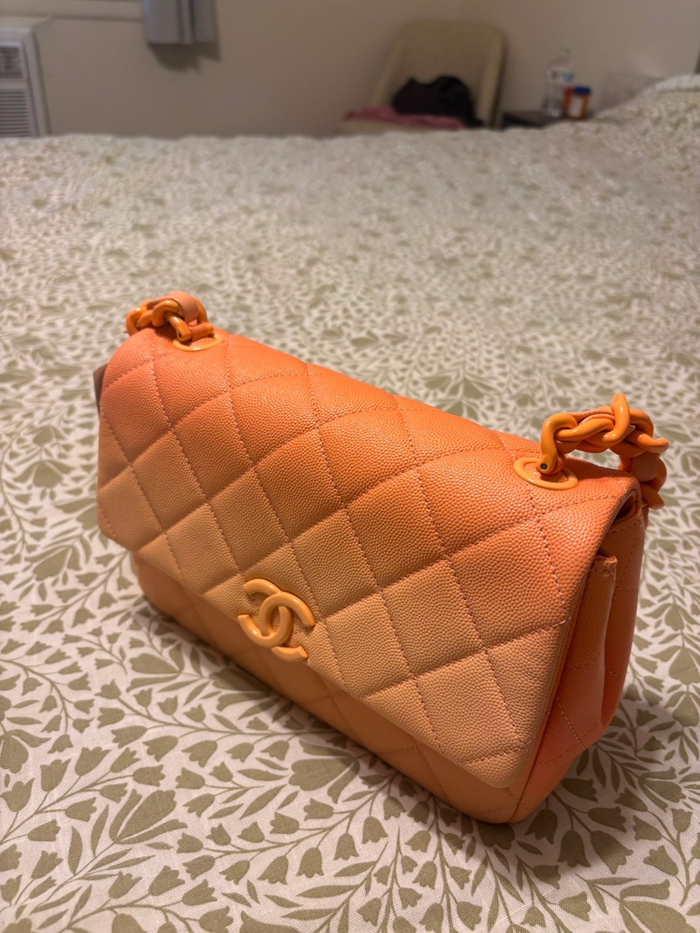 CHANEL Orange Quilted Shoulder Bag with Chain and CC Logo